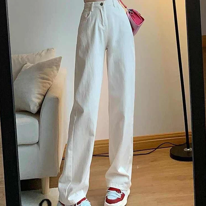 High Street Solid Jeans Women New High Waist Loose Hotsweet Light Zipper Button Pocket Basics Long Wide Leg Pants Gift Belt