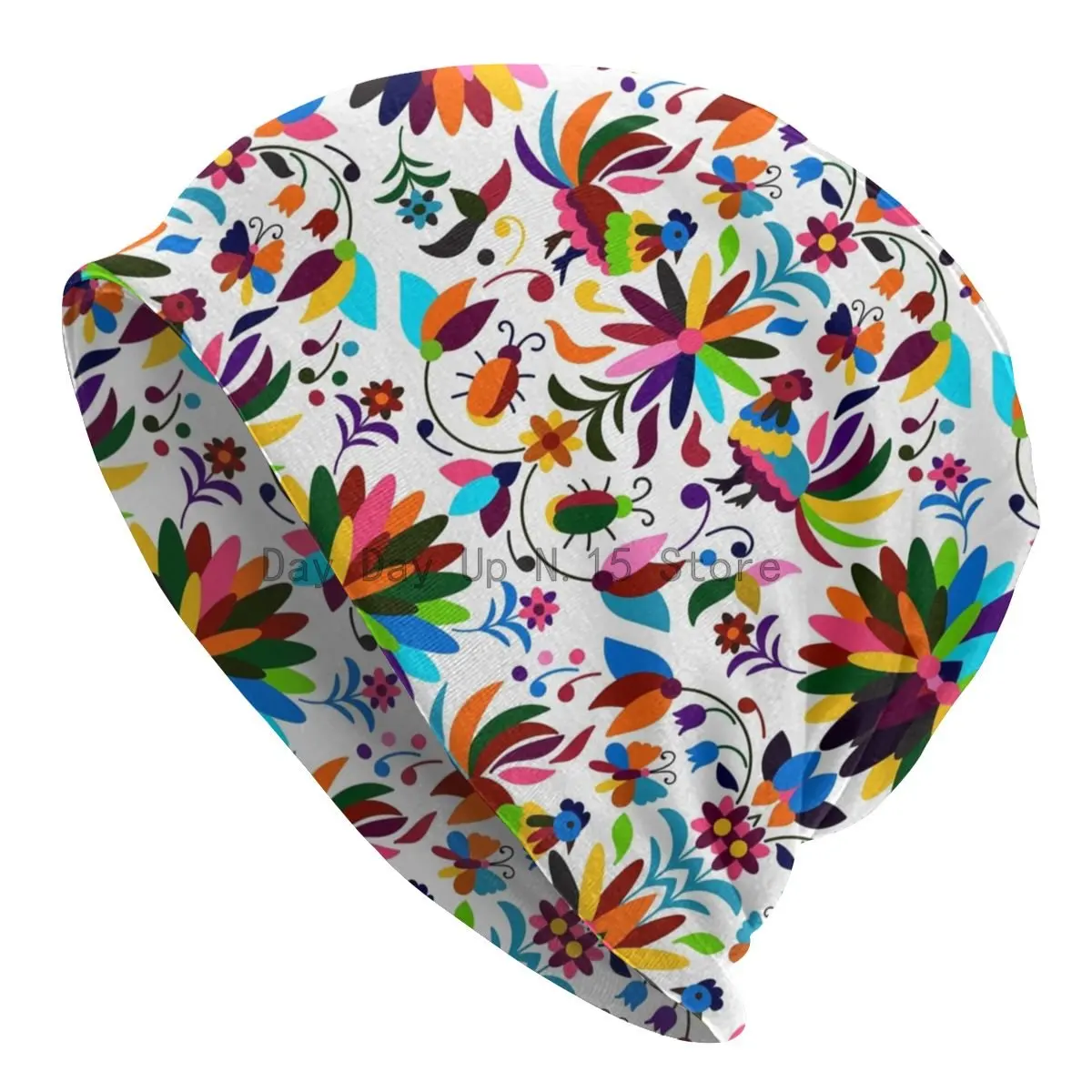 

Mexican Otomi Birds Floral Embroidery Bonnet Beanie Knitted Hat Unisex Folk Flowers Art Warm Winter Skullies Beanies Cap for Ski
