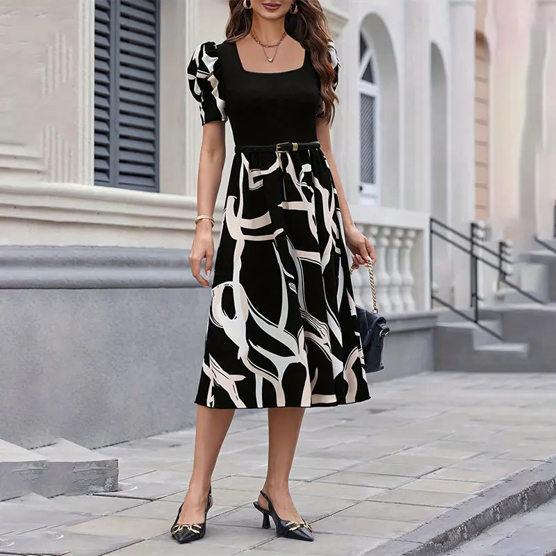 Женское платье осень-зима модное вязаное с принтом эластичное квадратным