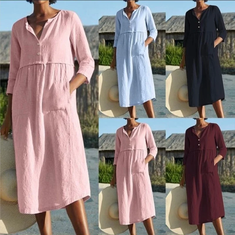 

Explosion Style Loose Dress Summer Regular Sleeves Single-breasted Cotton and Linen Summer Casual Women's Clothing Hot Sale
