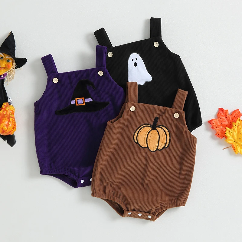 

Baby Girls Boys Corduroy Rompers Halloween Clothes Pumpkin Witch Hat Ghost Pattern Sleeveless Straps Jumpsuits Bodysuits 0-18 M