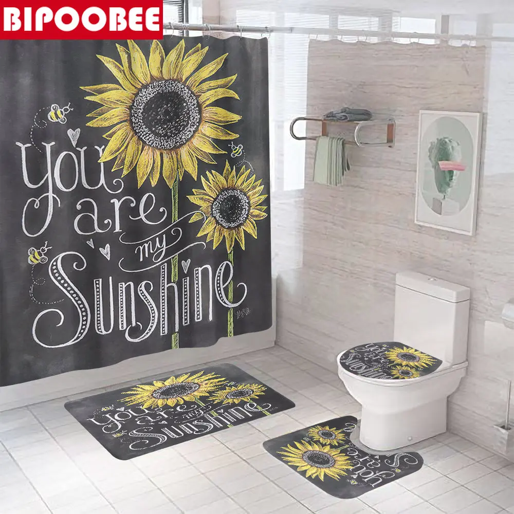 

You Are My Sunshine Printed Shower Curtain Bee Sunflower Bathroom Curtains Bath Mat Set Toilet Lid Cover Non-Slip Pedestal Rug