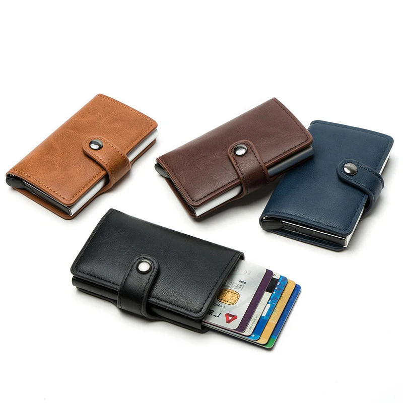 

RFID Blocking Vintage Men Credit Card Holder Aluminum Alloy ID Card Case Automatic Male Metal Leather Cardholder Wallet