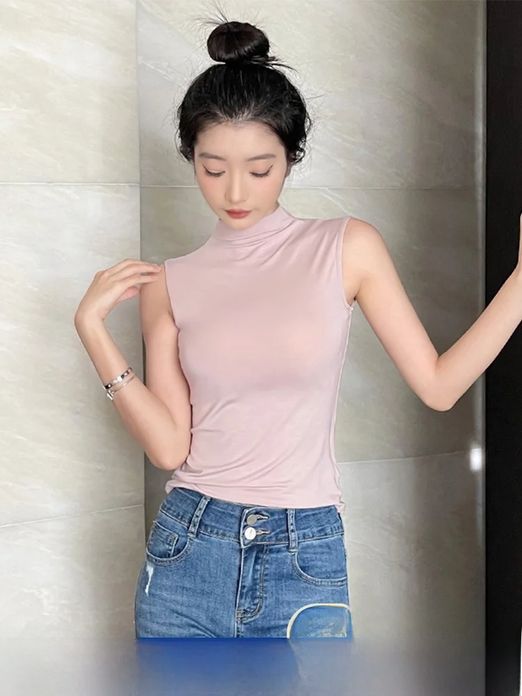 Модальный жилет без рукавов из ледяного шелка с полувысоким воротником женская