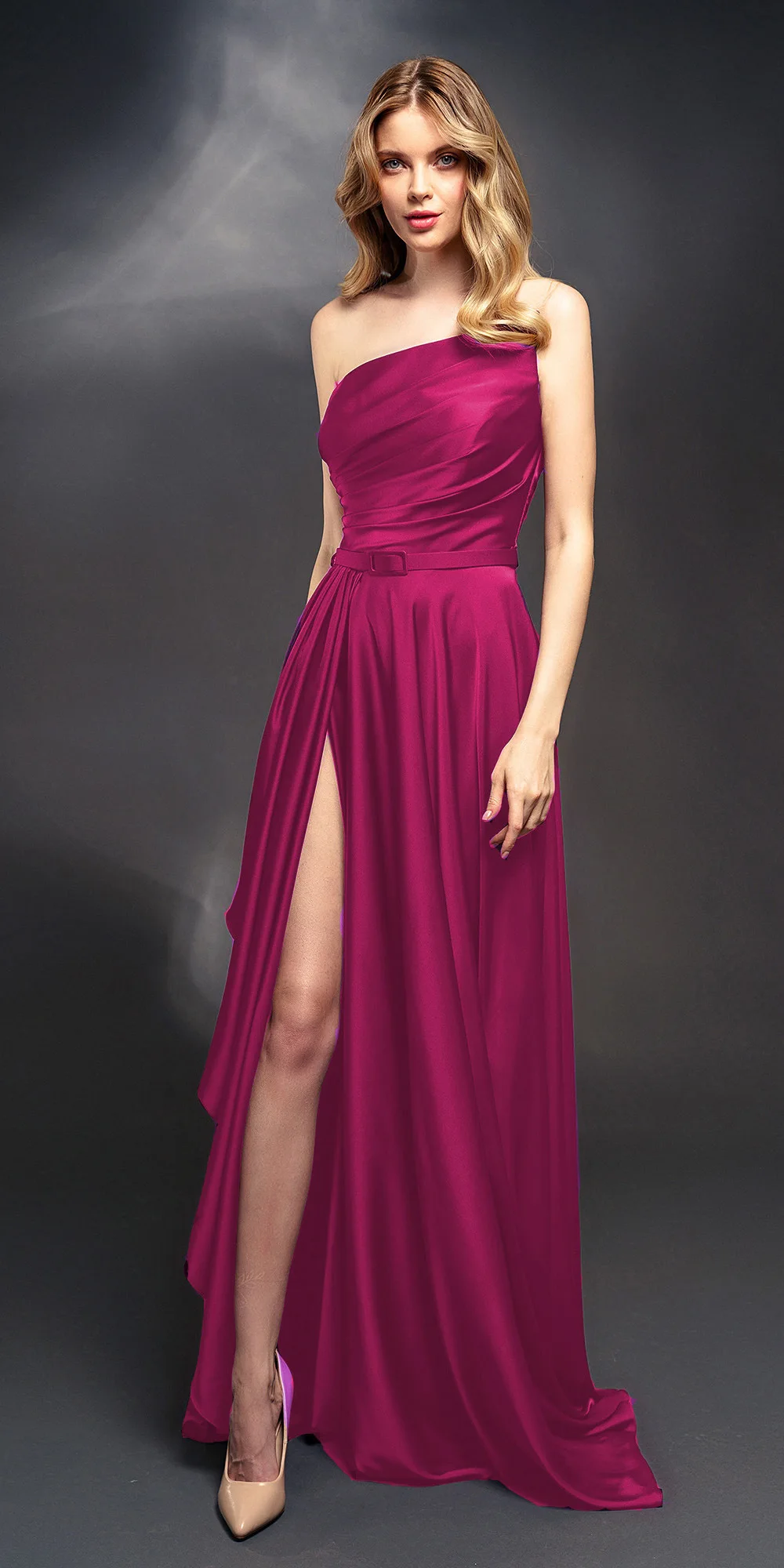 Women Elegant Satin Formal Dress Sexy One Shoulder Sleeveless Prom Party Evening Gowns Fashion High Split Bridesmaid Dresses