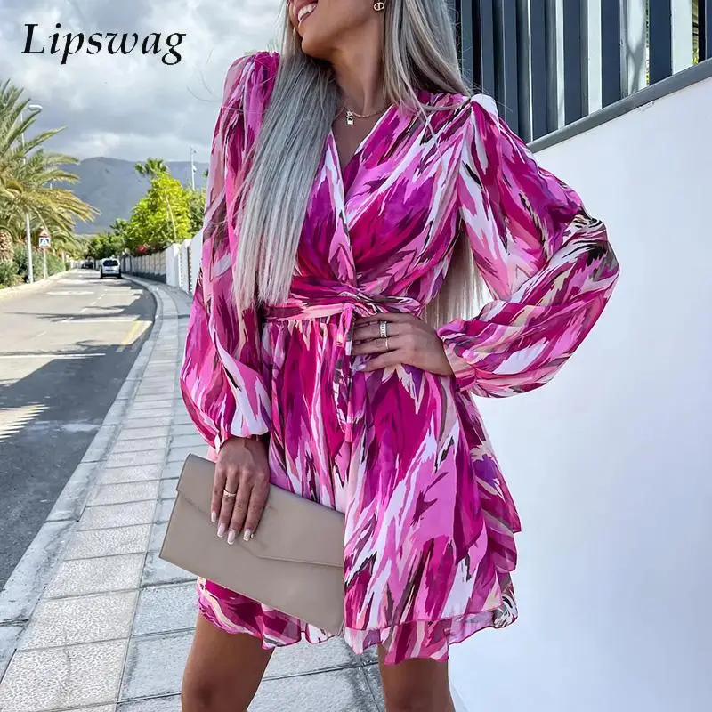 

Spring Summer Ruffle Chiffon Women Dress Sexy Office Lady V-Neck Tie-up Mini Dress Fashion Elegant Long Sleeve Beach Party Dress