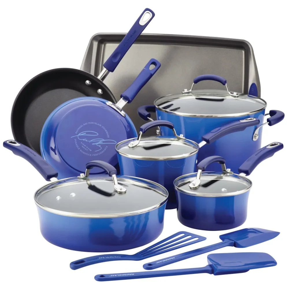 

Набор эмалированных антипригарных кастрюль и сковородок из 14 предметов из твердого фарфора, набор посуды, синий набор для готовки