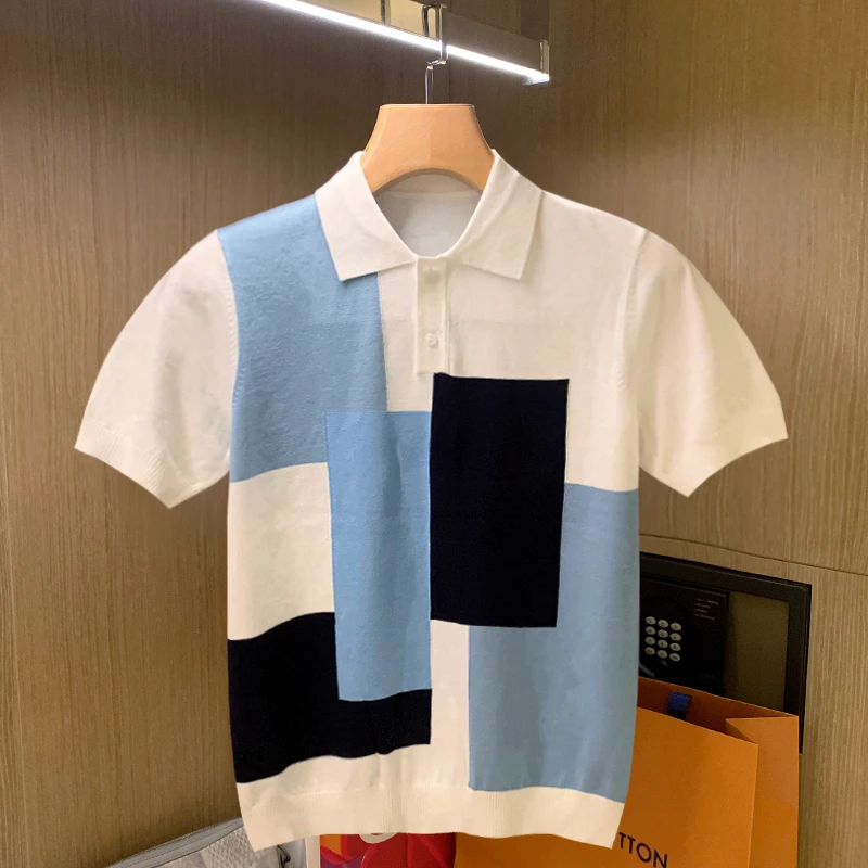 

Men 2022 Summer New Short Sleeve Knit Shirts Men Casual Patchwork Polo Shirts Male Turn Down Collar Slim Fit Tee Shirt Homme A58