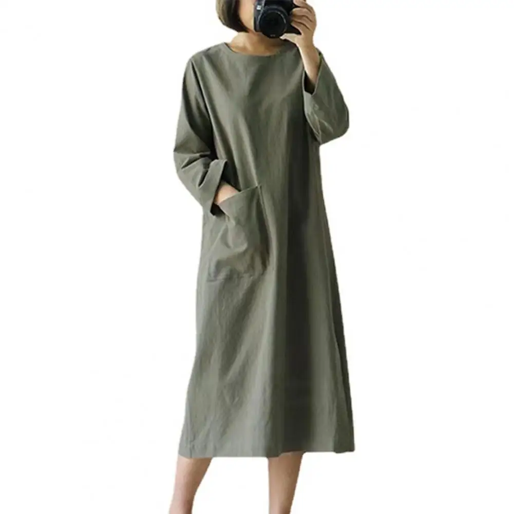 

Cotton Linen Dress O-Neck Single Pocket Loose Fit Women Dress Summer Long Sleeve Retro Shift Midi Dress Female Clothing