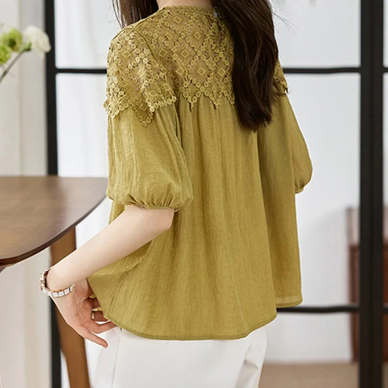 Элегантная рубашка с коротким рукавом и круглым вырезом летняя модная блузка