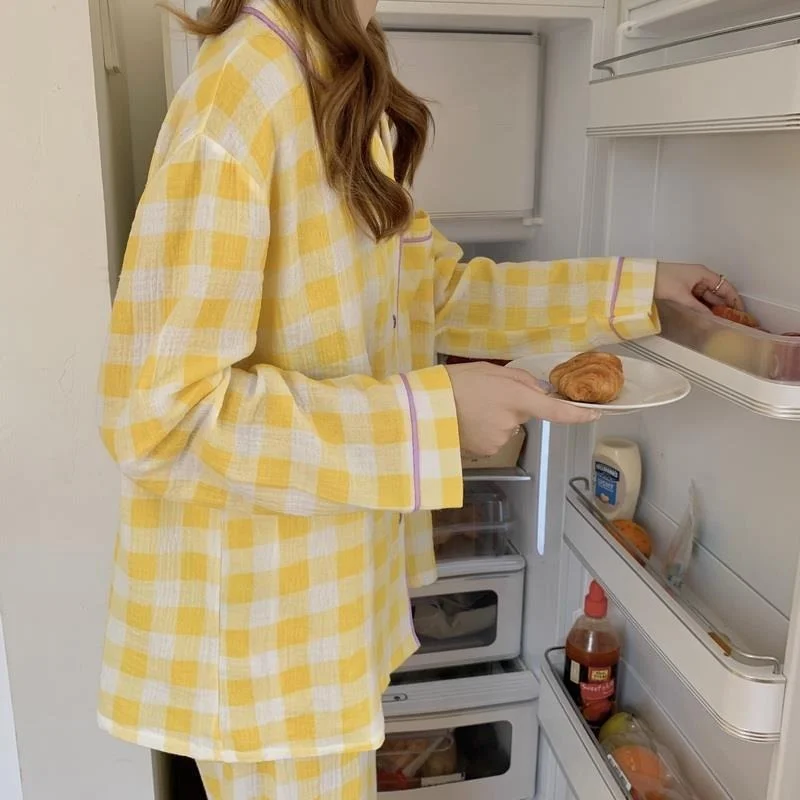 QWEEK Cotton Women's Nightwear Korean Sleepwear Plaid Pajamas Female Set Woman 2 Piece Pijama Long Sleeve Pyjamas Home Suit Pjs