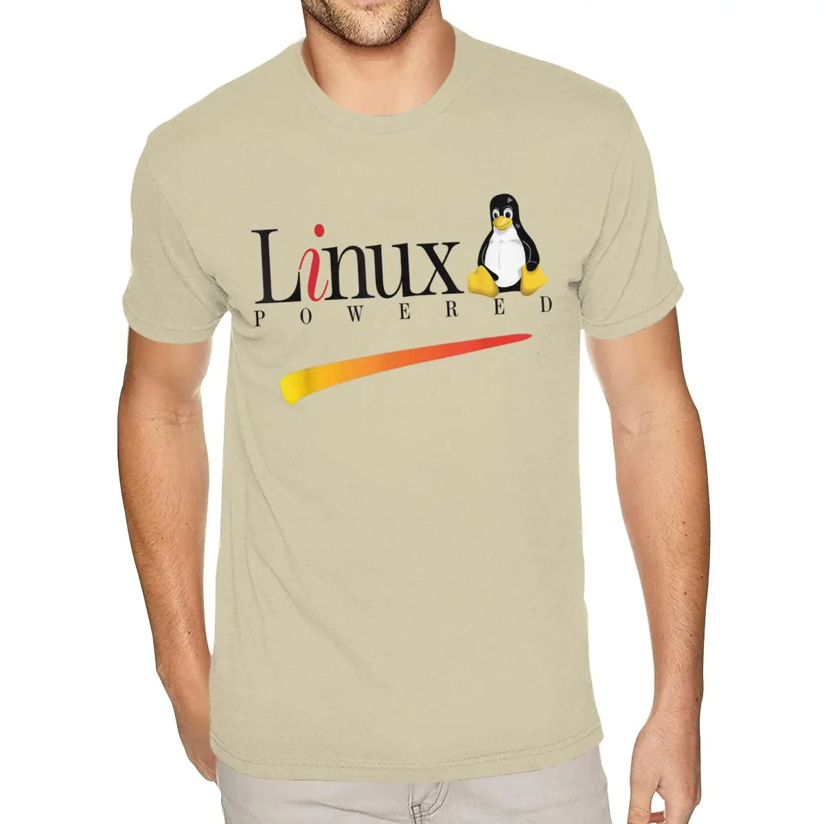 Top Linux Os Powered By Tux Penguin Tshirt Short Sleeve Cotton For Men's 3XL Natural
