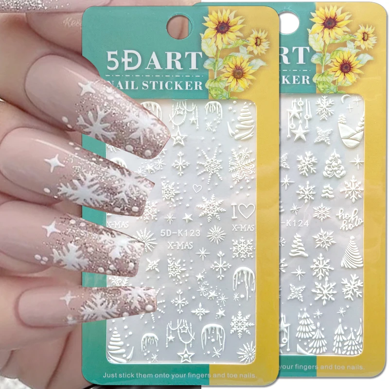 

5D Christmas Embossed Nail Stickers Santa White Snowflakes Tree Elk Carved Winter Nail Decals DIY Manicures Decorations