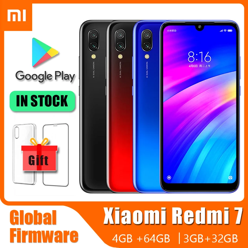 Original Xiaomi Redmi 7 Smartphone with Phone Case, Dual SIM Solt Cellphone Android Cell Phone Dual Camera Global ROM