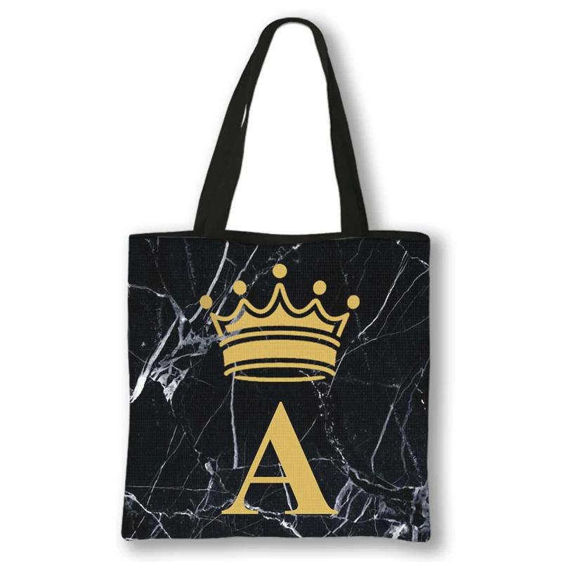 

Fashion Black Marble Crown Letters A /Z Printing Handbag Women for Travel Bridesmaid Ladies Shopping Bags Foldable Shopping Bag