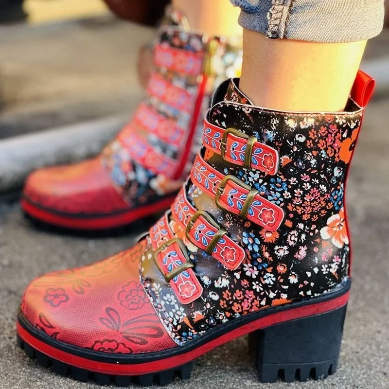 

Woman Boots Chunky Heel Shoes Western Cowboy Style Europe and Handsome Retro Small Floral Winter Booties Botas De Mujer