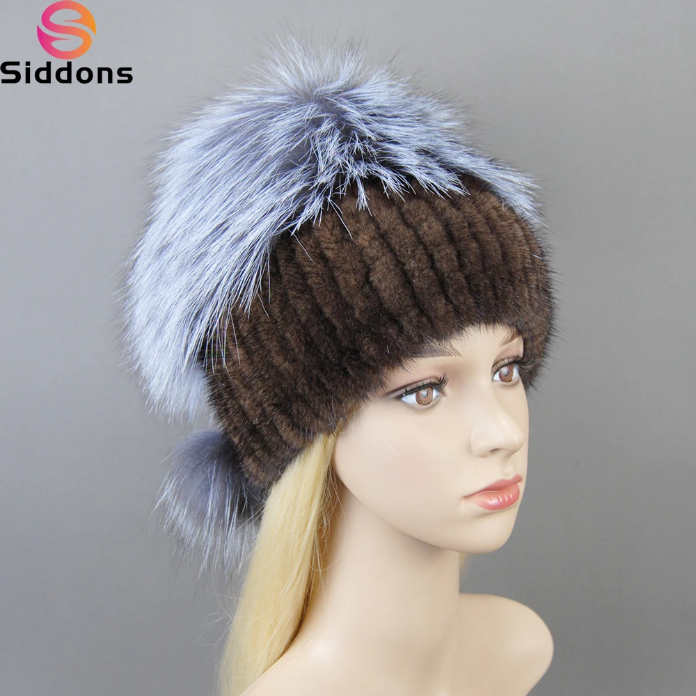 Real Silver Fox Fur Hat Female Natural Mink Fur Winter Hats For Women Beanies Knitted Luxury Women's Real Mink Fur Beanies Hats