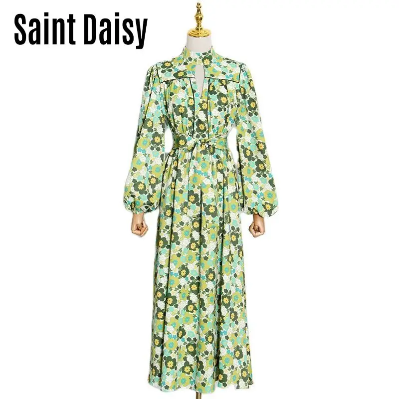 

SaintDaisy Women Boho Long Maxi Green Dress Lantern Long Sleeve Turtleneck Vintage Floral Print Spring Mid-Calf Polyester Style