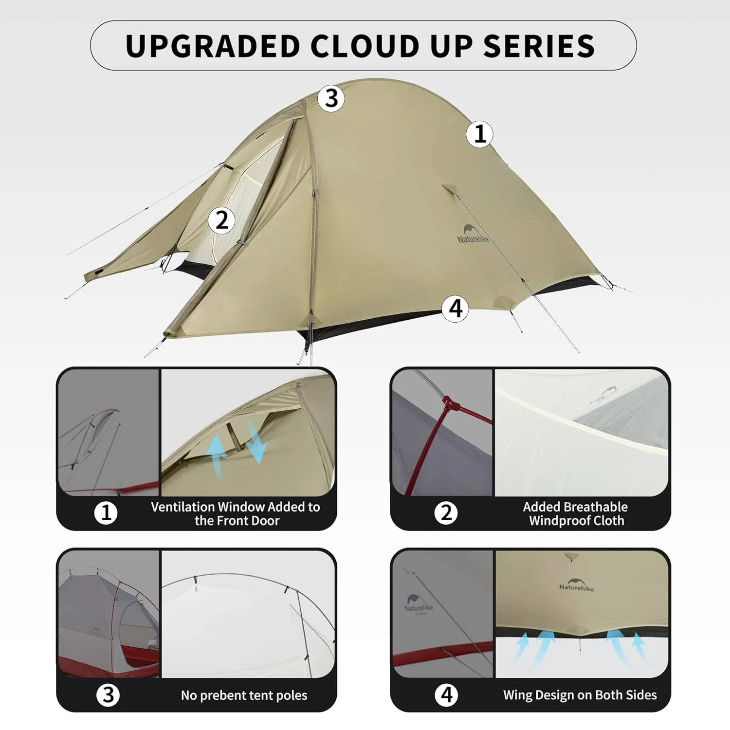 Фото Naturehike Cloud Up Pro 2-местная палатка, уличные палатки для кемпинга, сверхлегкая палатка 20D, отдельно стоящая палатка для пешего туризма, путешествий, альпинизма №5