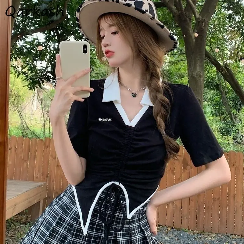 

Футболка Y2k женская с V-образным вырезом, простой облегающий пикантный уличный топ в Корейском стиле для девушек, летняя Ins одежда