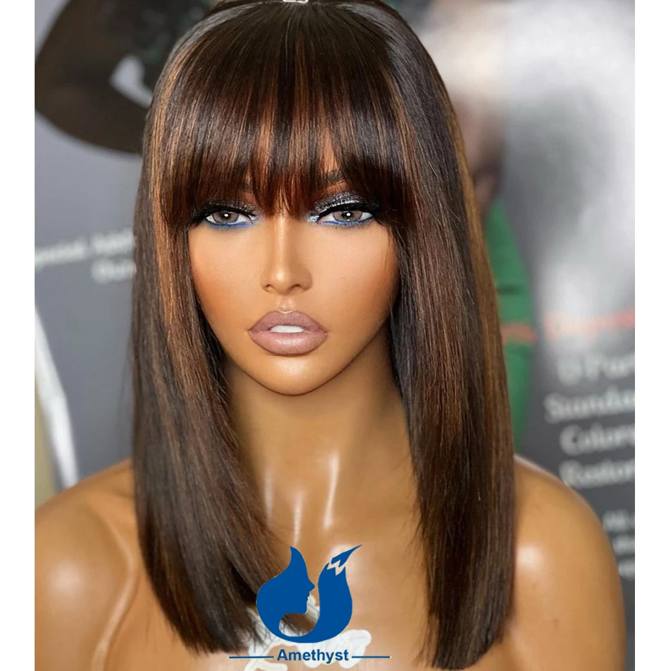 Amethyst Brown Highlight Short Bob Human Hair Wig With Bangs For Women Scalp Top Full Machine Wig Brazilian Remy Straight Bob