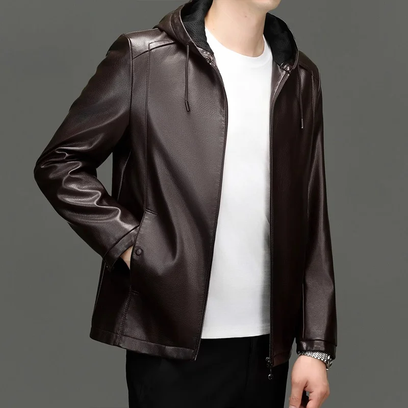 Мужское кожаное пальто Дятел новинка осени 2024 свободный капюшон мотоциклетная