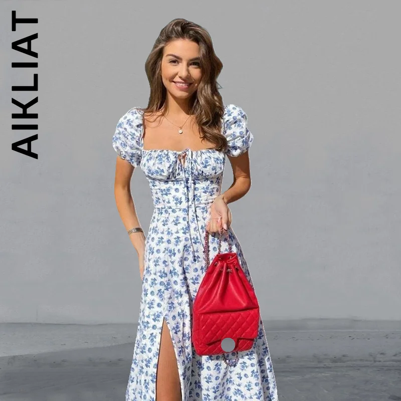 

Aikliat Dress New Women Floral Print Puff Sleeve Tie Front High Split Dress All-Match Robe Holiday Female Vestidos Dresses Woman