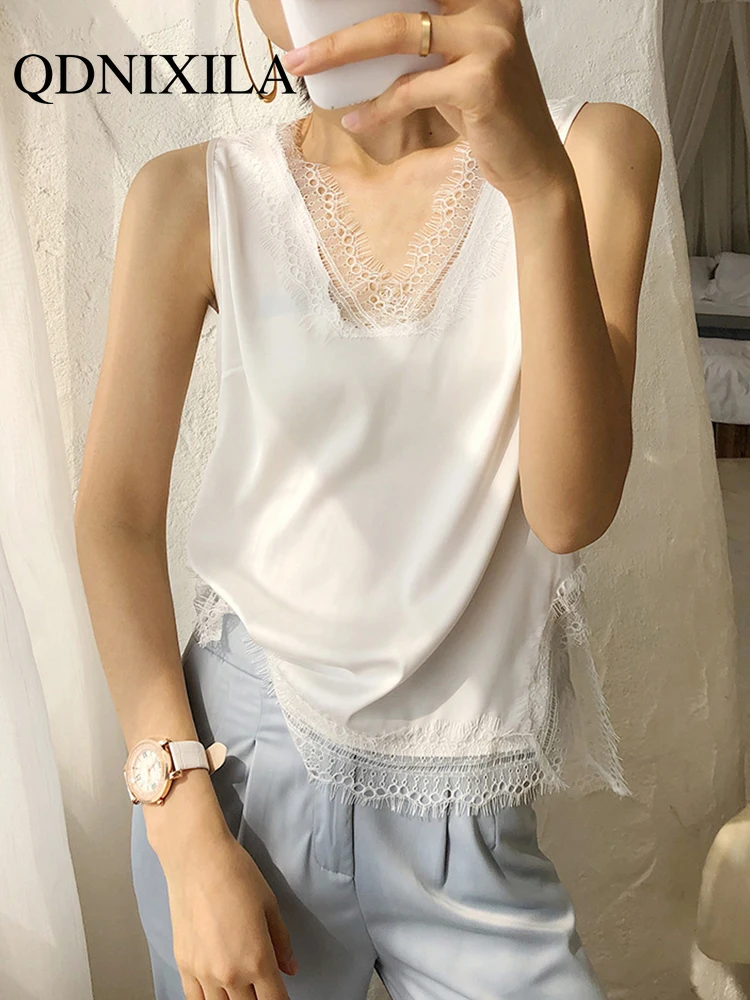 Блузка женская кружевная без рукавов базовая Элегантная атласная шелковая