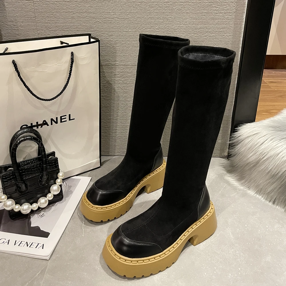 

European station autumn thick sole heightening elastic boots female black frosted long boots casual thin thin boots Martin boots