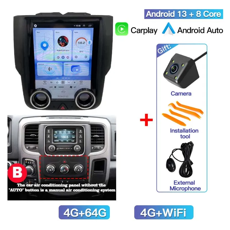 

Автомобильный радиоприемник Android 14, GPS Navi, мультимедийный плеер, стерео для Dodge Ram 1500 2500 3500 2013-2018, вертикальный экран DSP CarPlay 4G