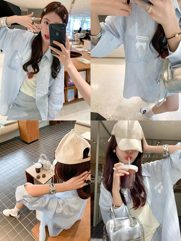 Летний топ Zeng Xiaoxian с блестящей водой в Корейском стиле тонкий синий длинным