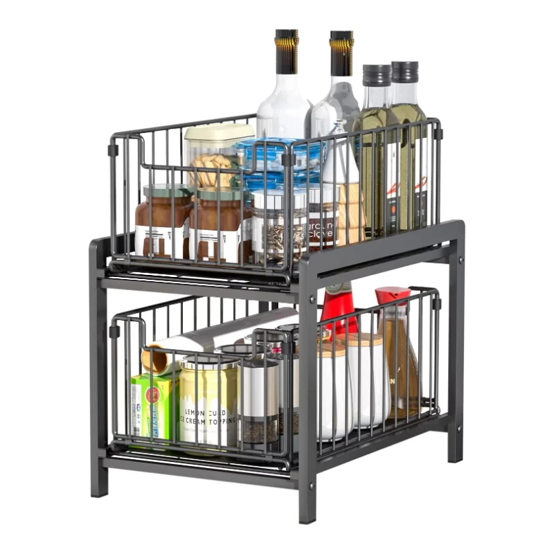 

2 Tier Stackable Sliding Basket Under Sink Storage Pull Out Organizer Drawer for Kitchen Bathroom