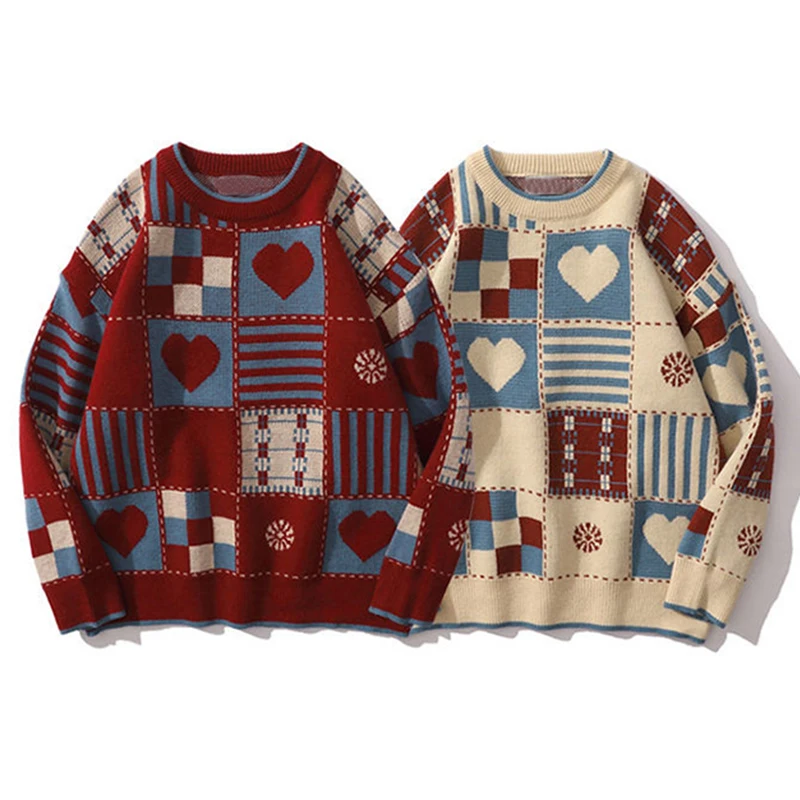 

Vintage Sweater Mens Hip Hop Streetwear Harajuku Retro Japanese Style Love Sweater 2022 Couples Autumn Cotton Pullover