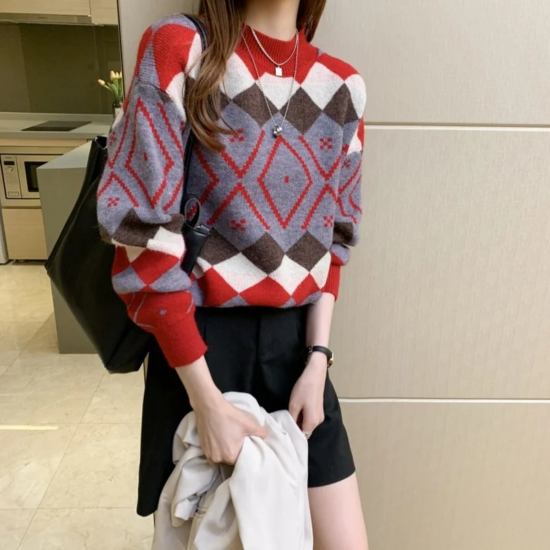 

Women O-Neck Loose Casual Pullovers Red Argyle Knitted Sweater Autumn Winter Fashion Warm Long Sleeve Leisure Knitted Jumpers