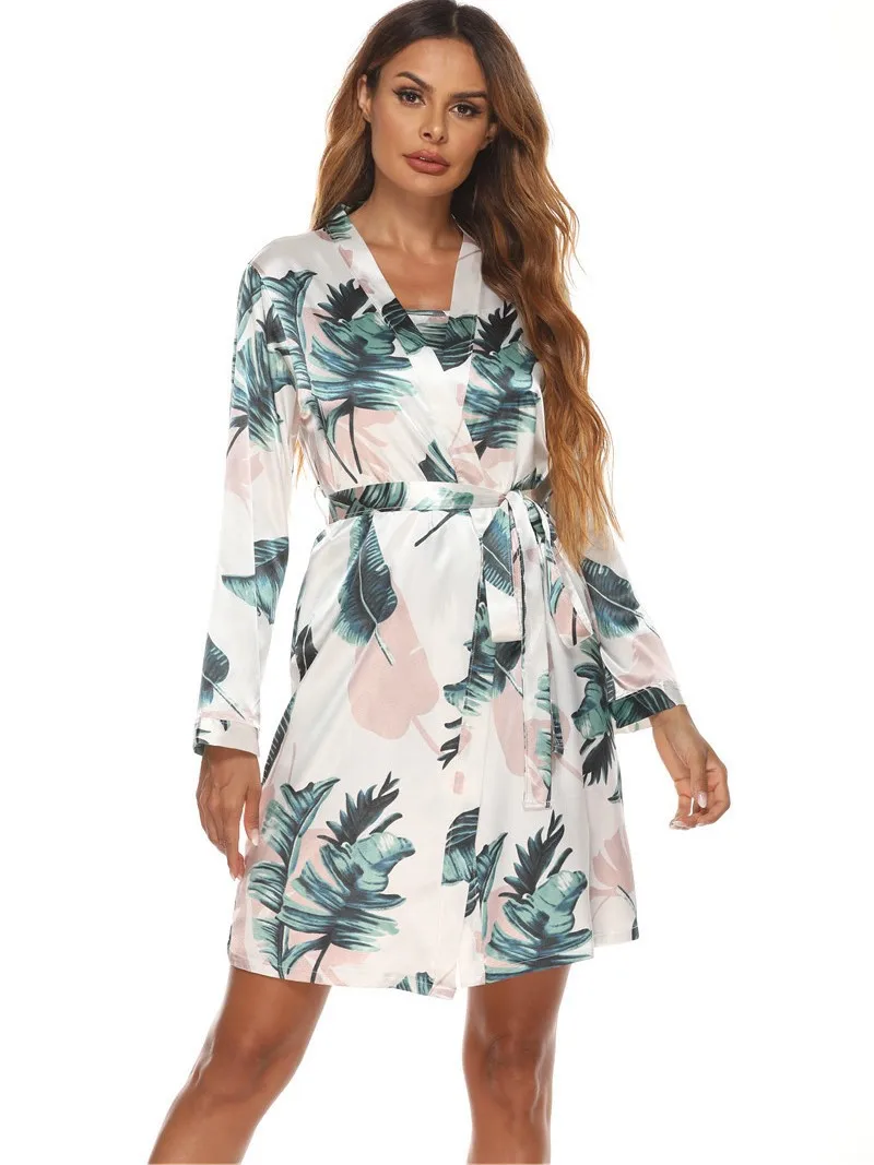 3pcs Sleepwear Suit Women Silk Satin Sling Tops+shorts Night Robe Print Bath Robe Bathrobe Mariage Wedding Bride Bridesmaid Robe