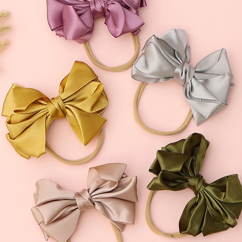 

Satin Bow Baby Girsl Nylon Headband Chidlren Solid Ribbon Haibow Headwear Turban Nylon Nude Children Hairband Kid Messy Bowknot