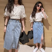 new fashion children denim skirts set girls solid color white puff sleeves shirt and jeans skirt summer two piece suit for teen