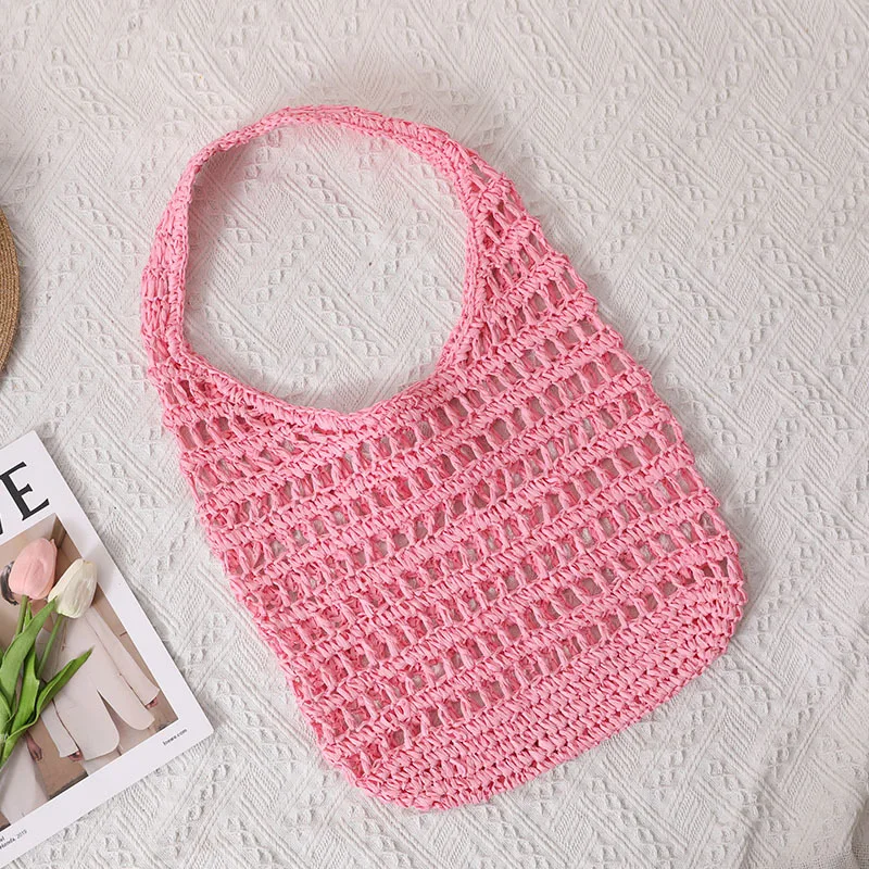 Casual Hollow Straw Bag Women Designer Candy Color Paper Woven Shoulder Bag Lady Summer Casual Beach Big Tote Holiday Purse 2023