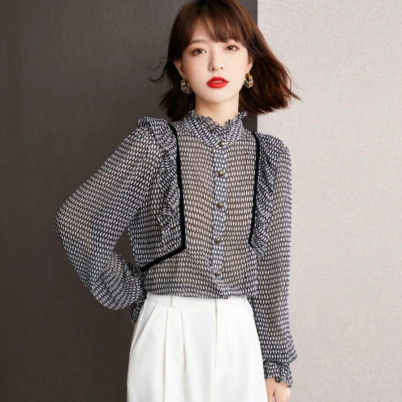 

Prints Women's Shirts Summer 2023 New Chiffon Blouses Loose Vintage Long Sleeves Ruffles Tops O-neck Ladies Clothing YCMYUNYAN