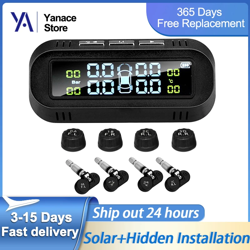 

Yanace Solar TPMS Car Tire Pressure Alarm Monitor System Display Temperature Warning Smart Tyre Pressure with 4 sensors Device