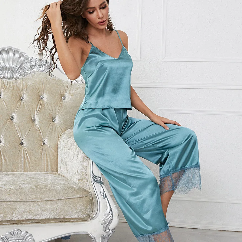 New Suspenders Wide Leg Pants Ice Silk Pajamas Women's Silk Suspenders Home Clothes 3002