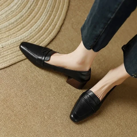 Лоферы женские на высоком каблуке, повседневная обувь ручной работы, квадратный носок, туфли-лодочки, черные, весна