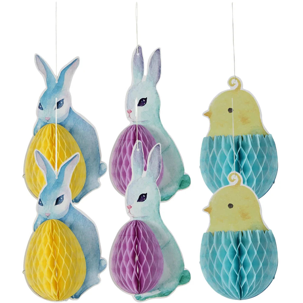 

Honeycomb Easter Hanging Ornament Paper Bunny Decor Rabbit Egg Tissue Cutouts Decorations Party Pom Chick Pendants Ceiling 3D