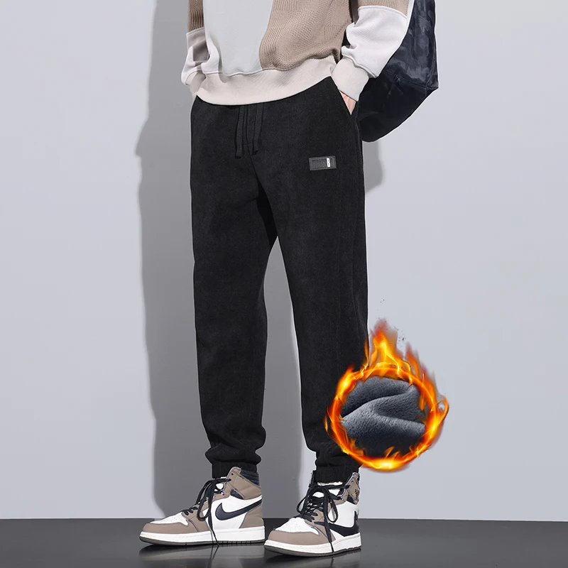 Утолщенные мужские повседневные брюки флисовые зимние новые однотонные