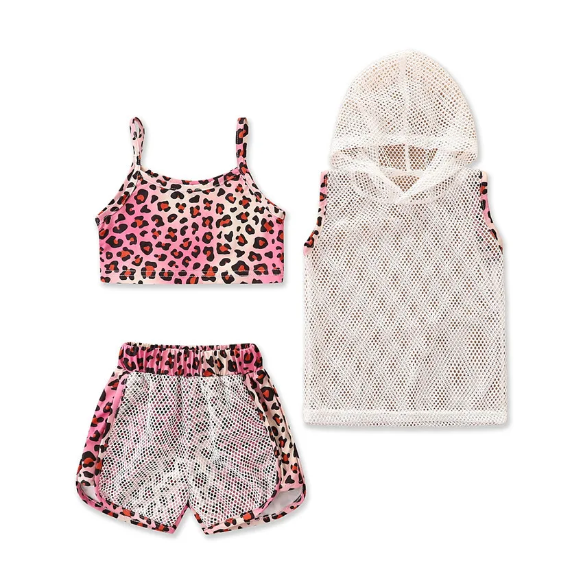 

Summer Girl Set Leopard Print Vest + Shorts + Net Hoody 3PCS Suits for Kids Girls Clothing