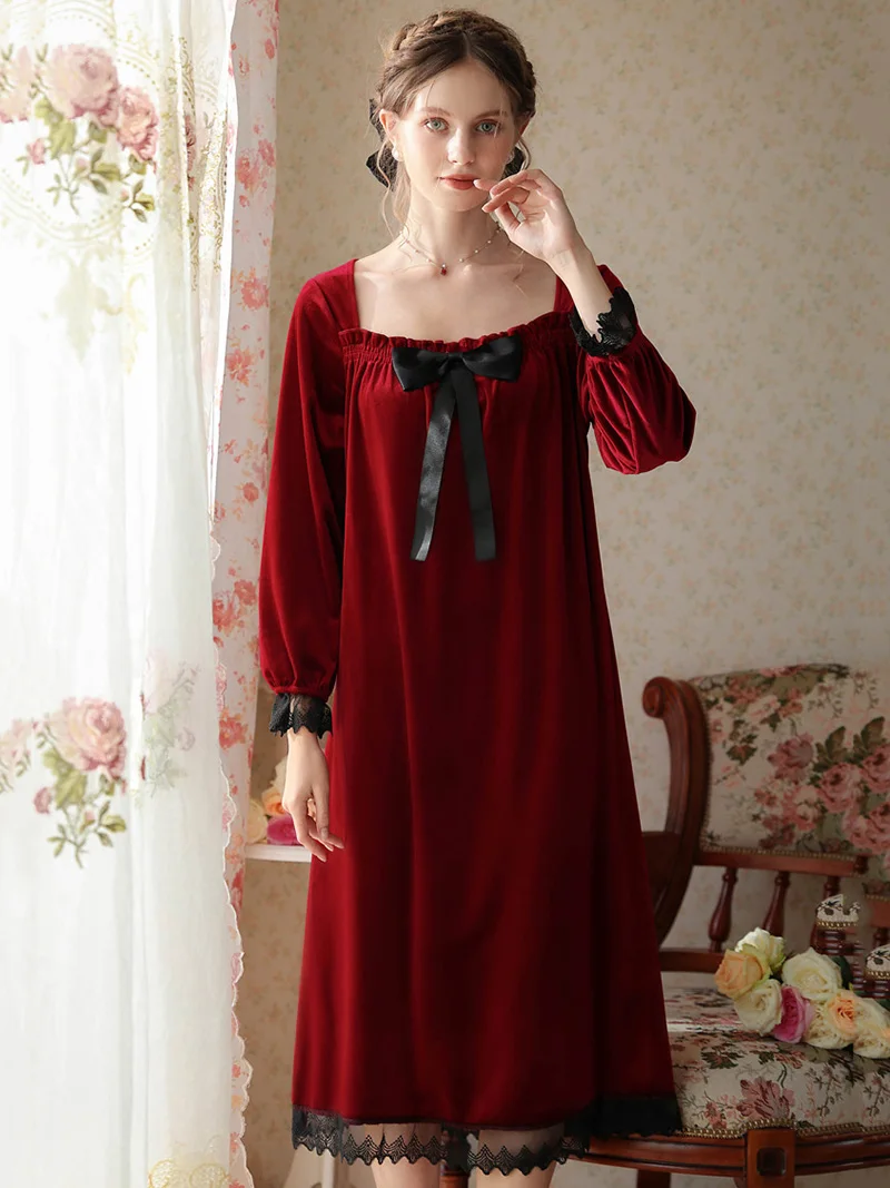 Women French Elegant Velvet Night Dress Long Sleeve Velour Robe Ruffles Bowknot Sleepwear Princess Nightwear Vintage Nightgowns