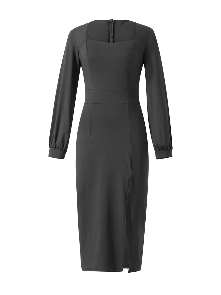 

Женское осеннее элегантное платье средней длины, однотонное облегающее платье с длинным рукавом-фонариком, квадратным вырезом и подолом с ...