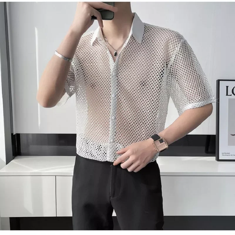 

Men Plaid Hollow Out Shirt Mesh Lapel Short Sleeve See Through Fashion Casual Hawaiian Shirts Breathable Streetwear 2022 Camisa
