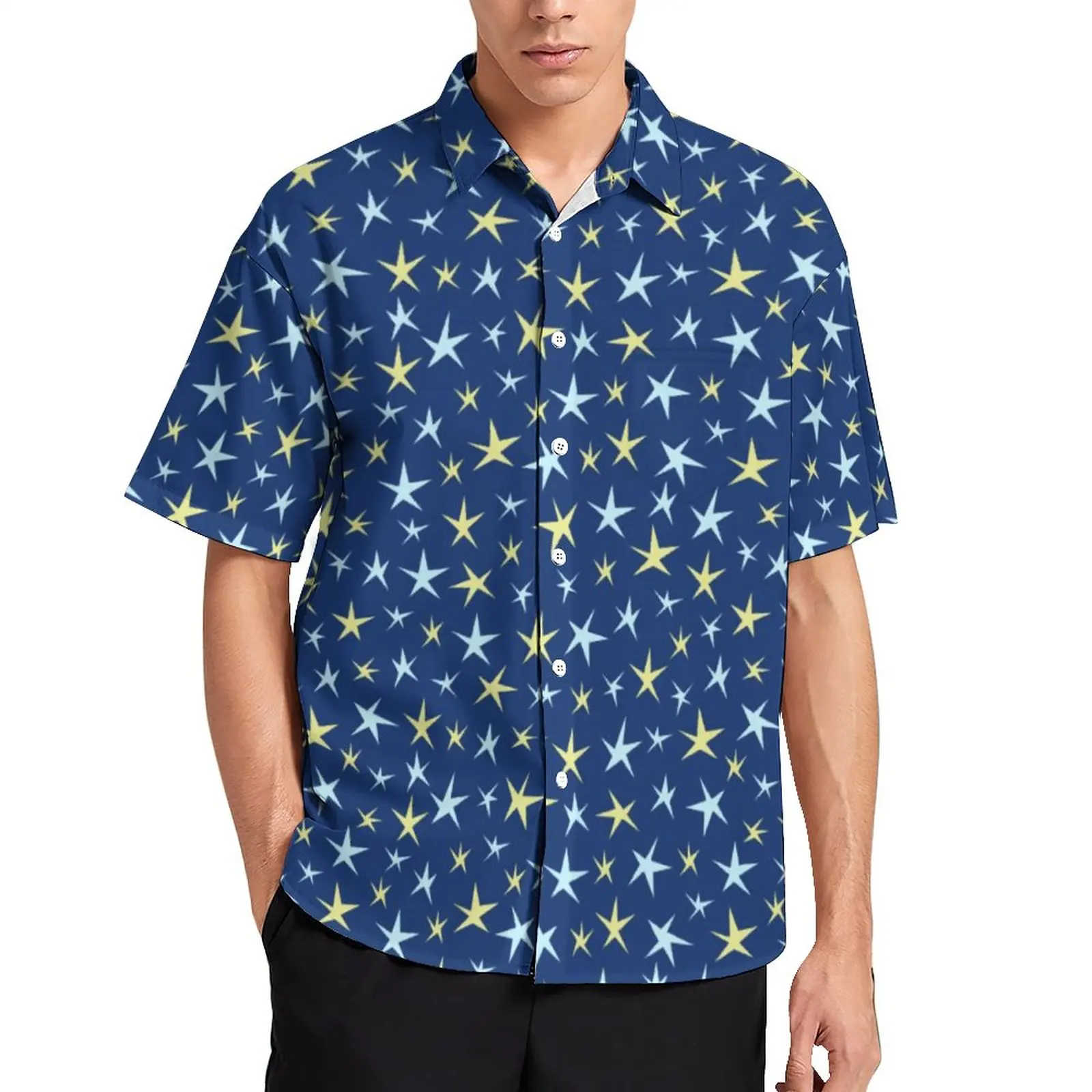 

Stars Space Casual Shirt Retro 1960s Geometric Beach Shirt Hawaii Vintage Blouses Short-Sleeve Print Oversize Top