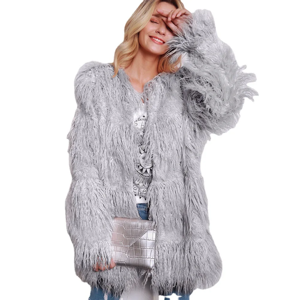 

Round Neck Fur-like Fashion Women's Long Coat Mao Mao Coat